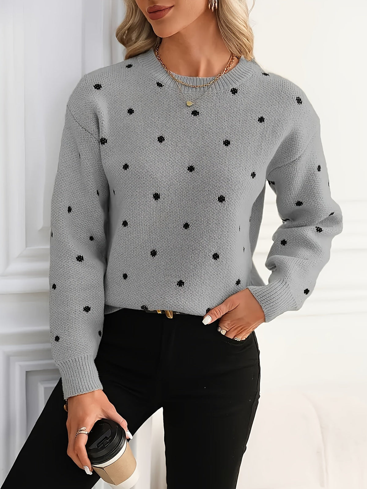 Polka Dot Crew Neck Sweater with Light Stretch and Ribbed Cuffs, Relaxed Fit