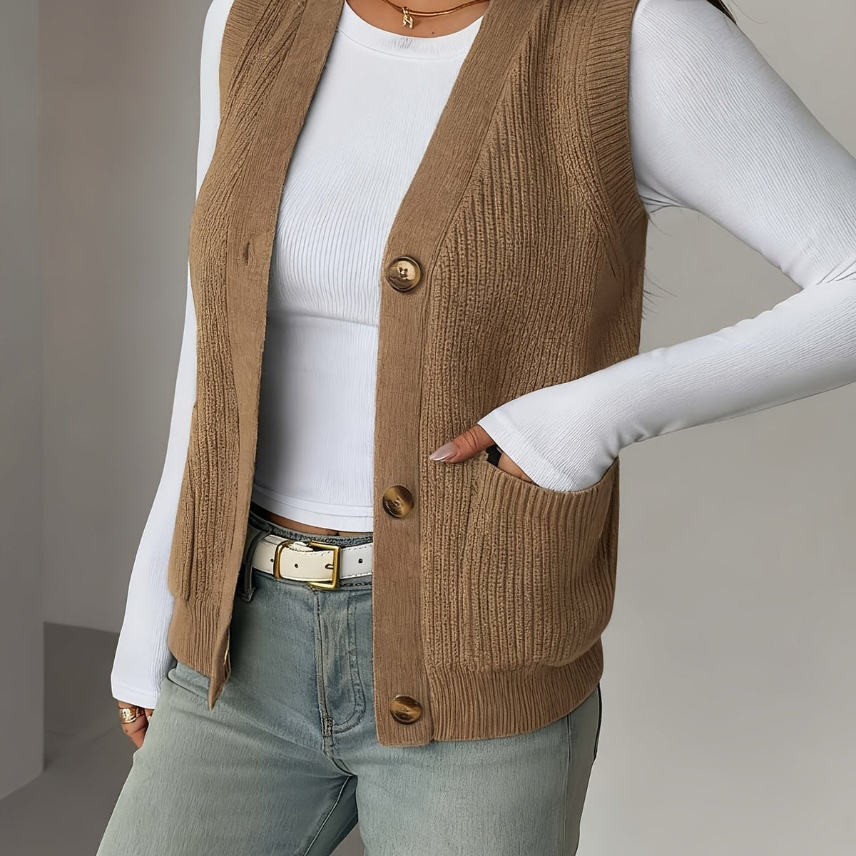 Sleeveless Knit Vest with Button Front and Front Pockets, Relaxed Fit