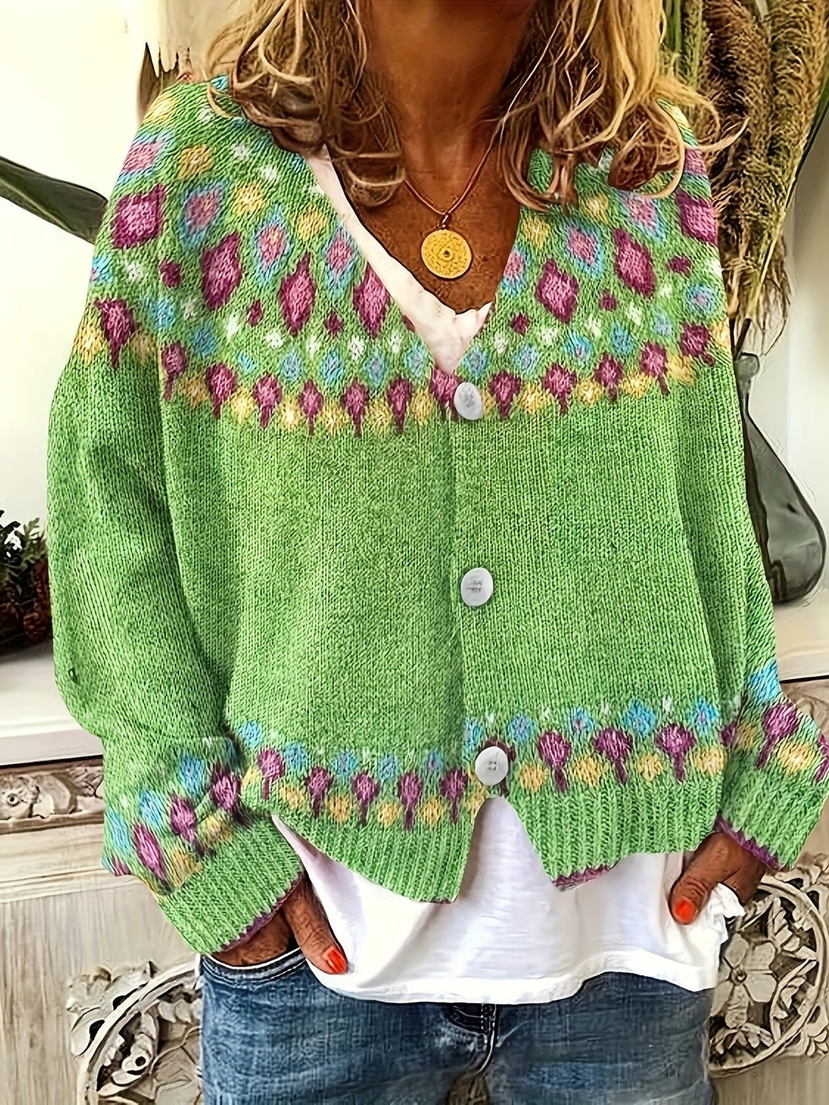 Button Front Cardigan with Nordic Geometric Pattern and V Neckline