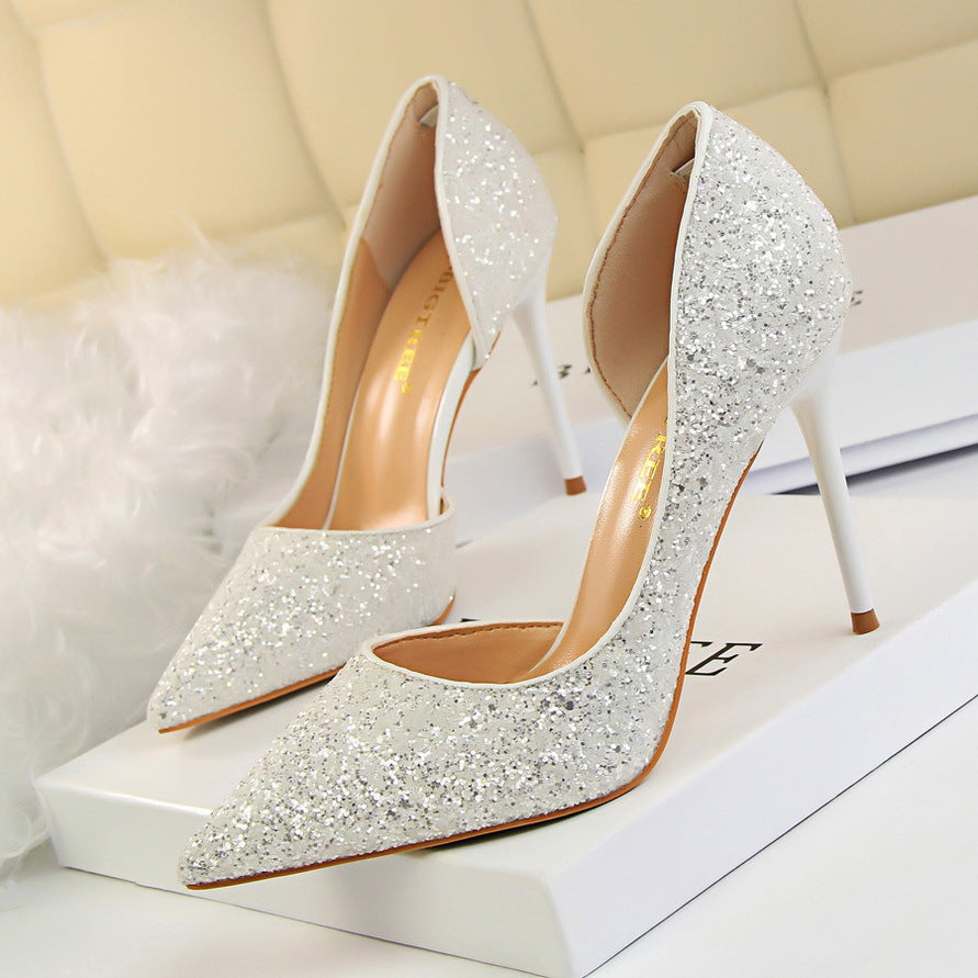 Women's Glitter Stiletto Heels - Pointed Toe - D'Orsay Cut - Slip On