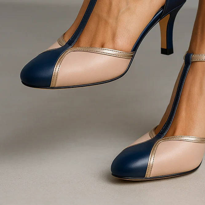Women’s Vintage T-Strap Heels with Rounded Toe and Slim Heel