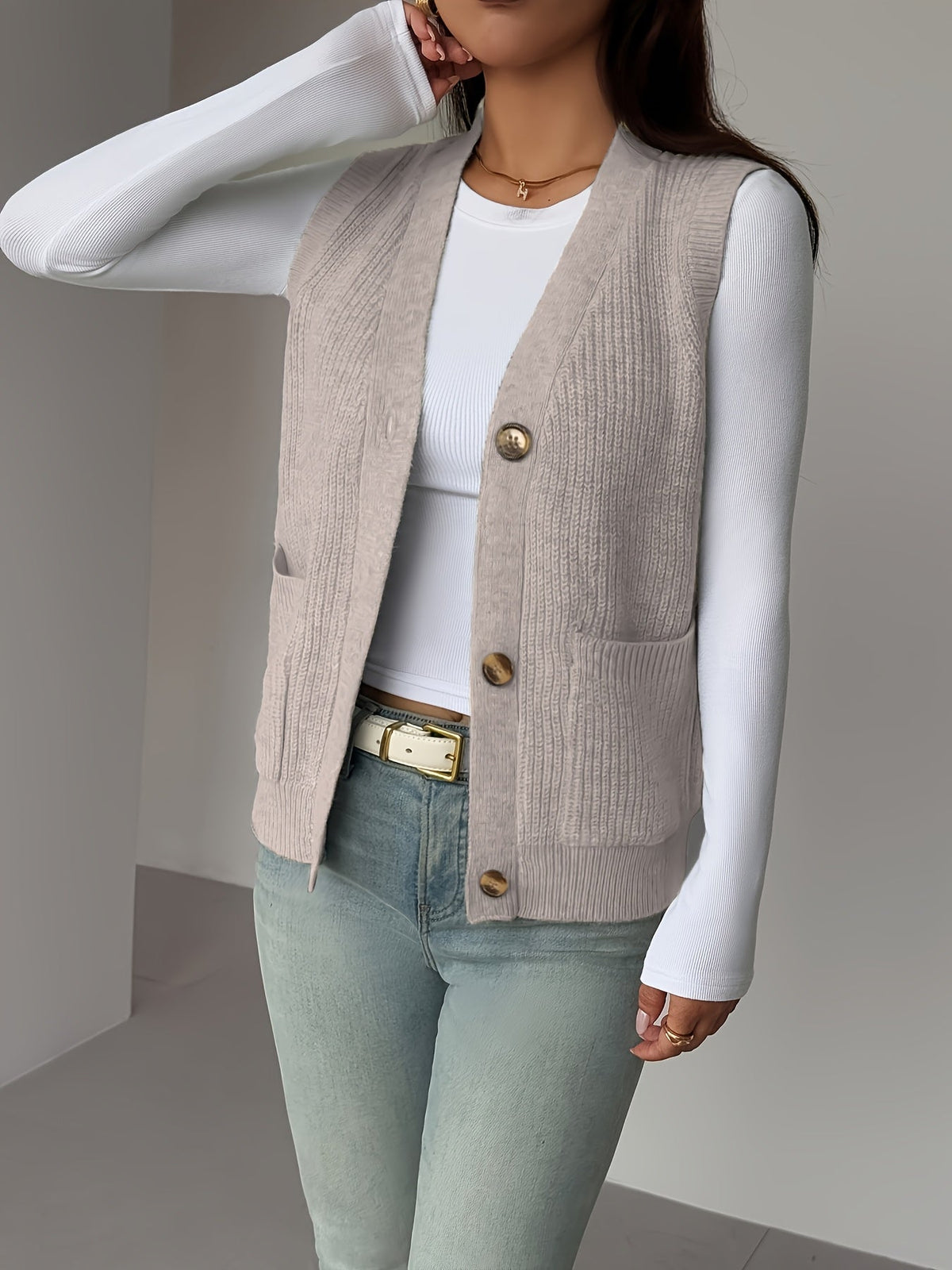 Sleeveless Knit Vest with Button Front and Front Pockets, Relaxed Fit