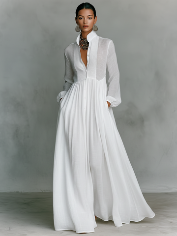 Women's Cotton Linen Maxi Dress Stand-Up Collar