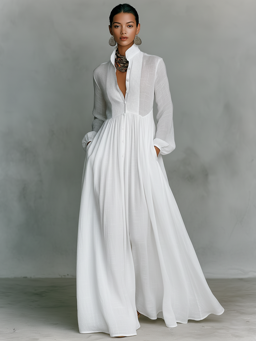Women's Cotton Linen Maxi Dress Stand-Up Collar