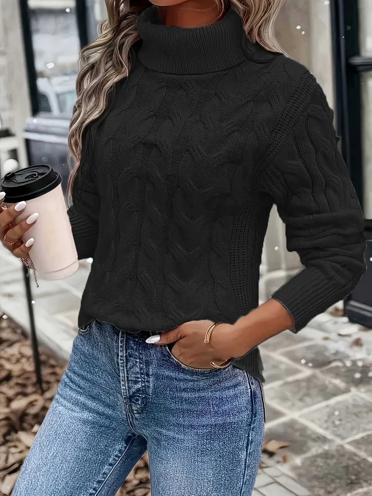 Turtleneck Sweater with Cable Knit Pattern and Relaxed Fit, Full Length Sleeves