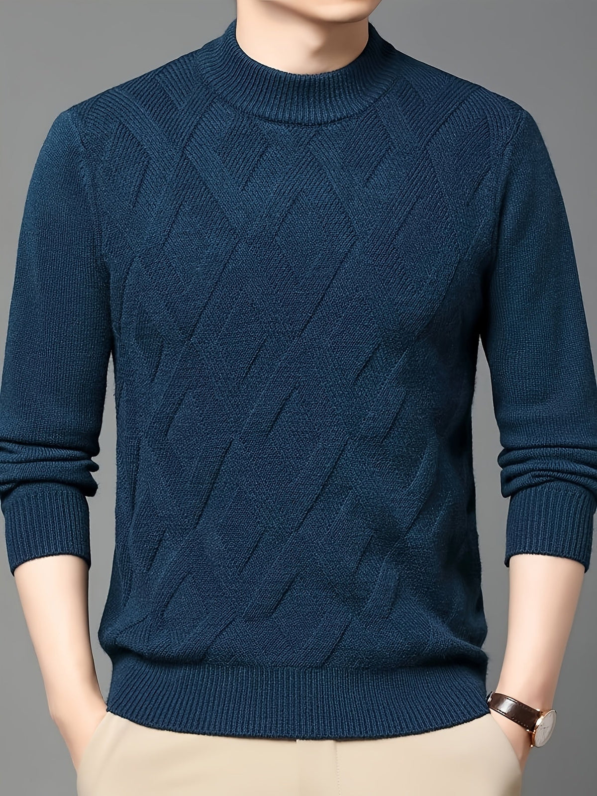 Close Fit Mock Neck Sweater with Diagonal Knit and Ribbed Cuffs