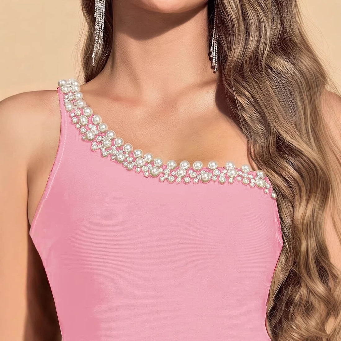 Women's Embellished Evening Dress - Asymmetric Neck - Pearl Trim - Split