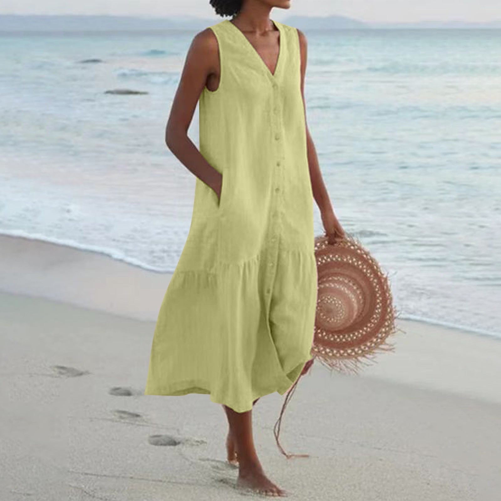 Women's Sleeveless V-Neck Button-Front Tiered Midi Dress