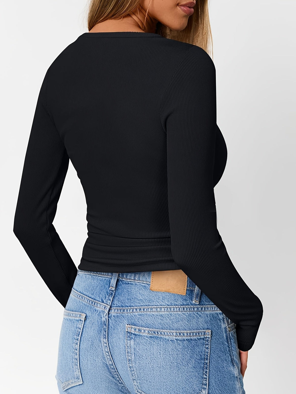 Long Sleeve Henley Top with Button Neckline and Ribbed Texture