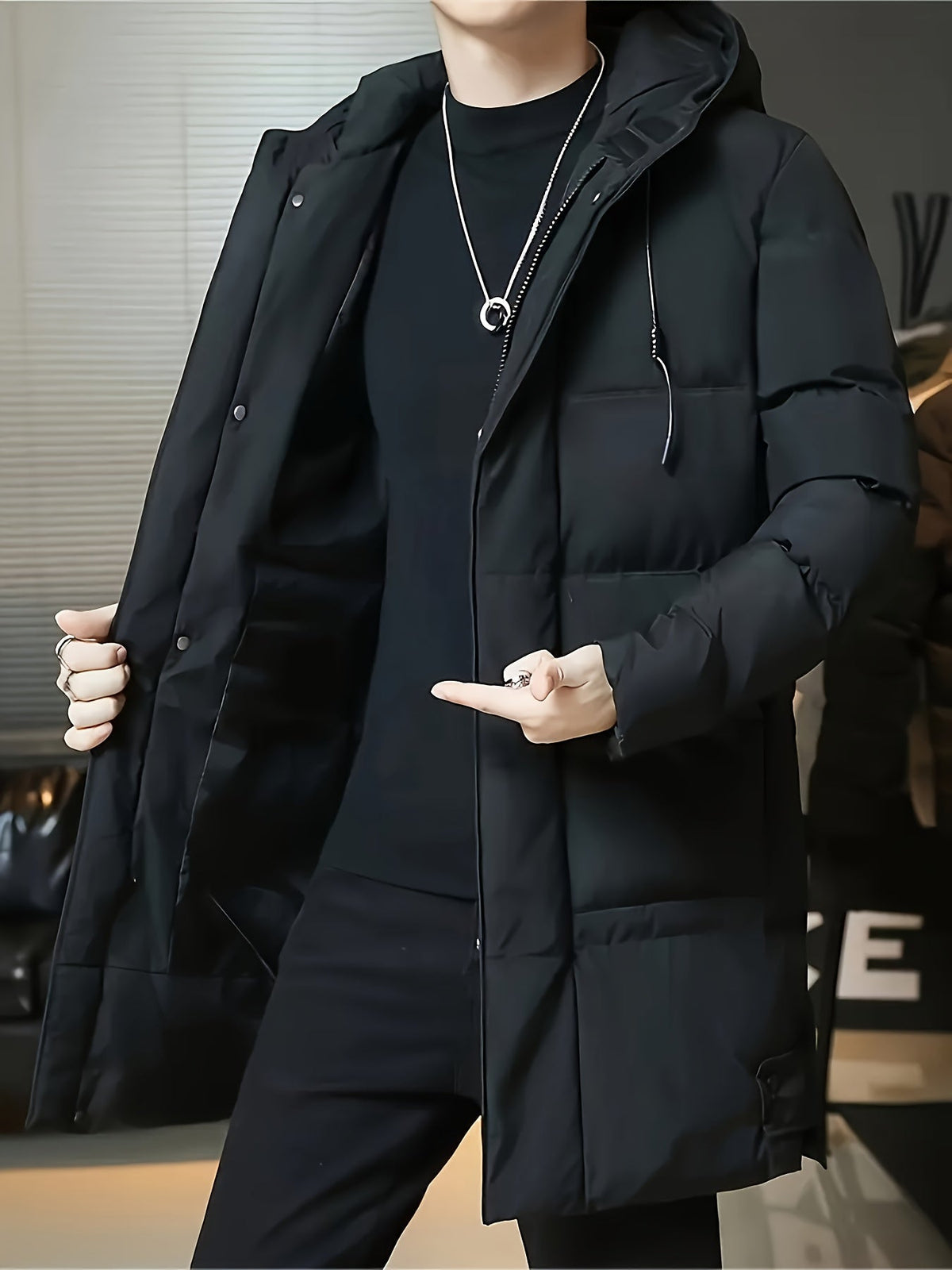Padded Longline Coat with Adjustable Hood and Full Zipper