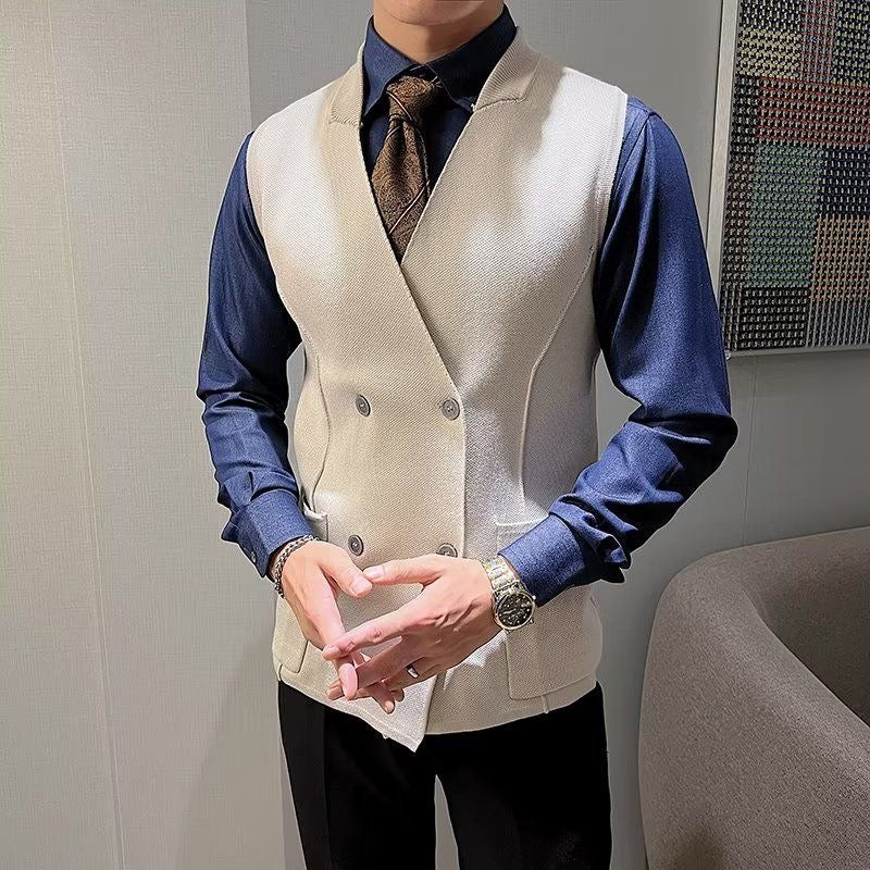 Sleeveless Knitted Vest with Double Breasted Closure and Front Pockets