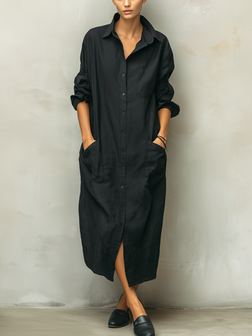 Women's Cotton Linen Midi Dress Shirt Collar