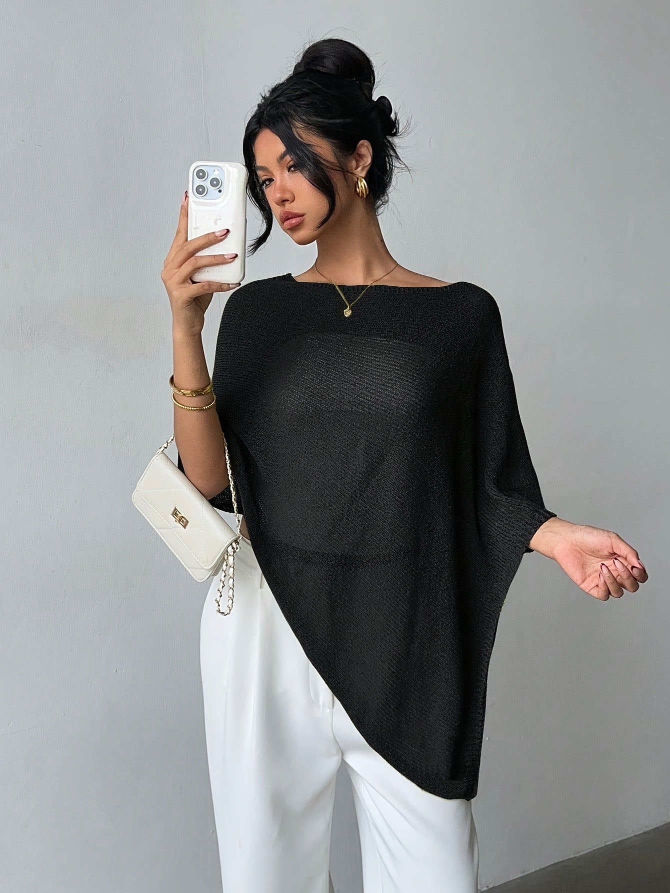 Women's Knit Poncho Sweater - Crew Neck - Asymmetric Hem - One Size