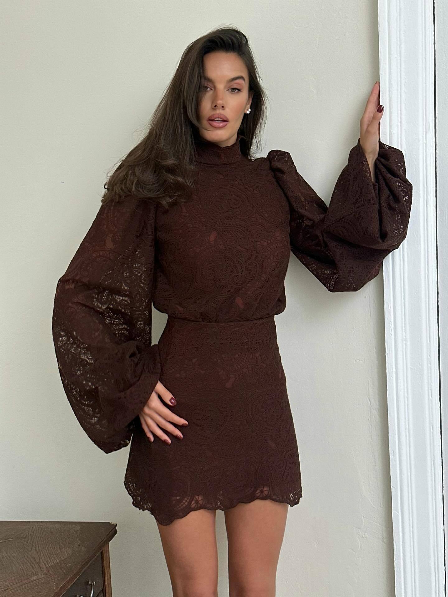 Women's High Neck Lace Bell Sleeve Top and Mini Skirt Two Piece Set