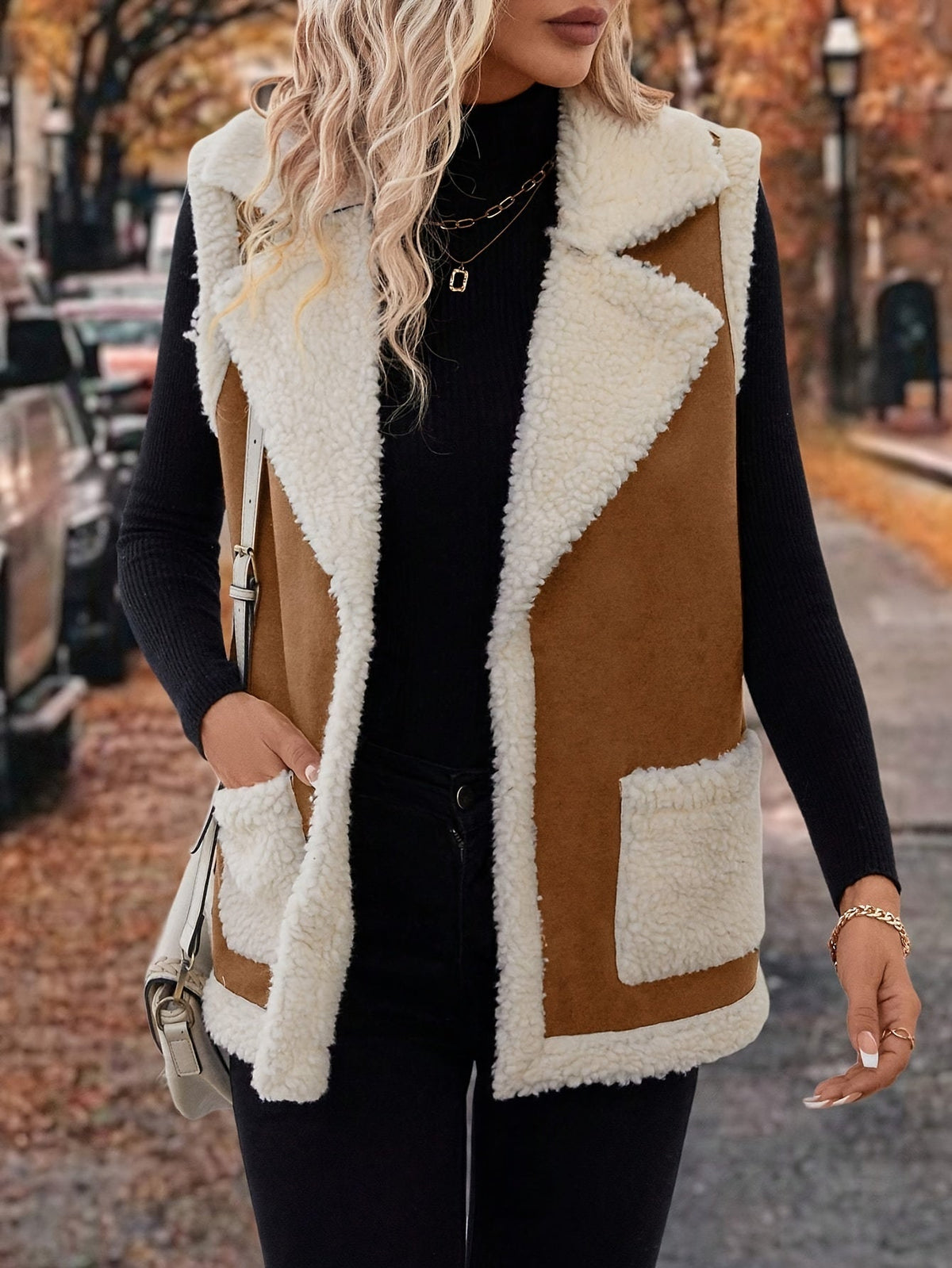 Open Front Vest with Plush Lining and Lapel Collar, Dual Pockets