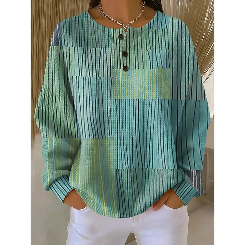 Textured Knit Pullover with Artistic Print and Button Placket, Crew Neckline