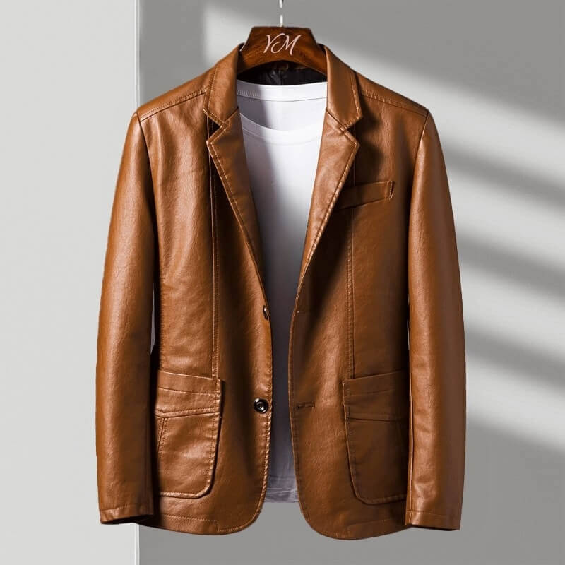Women's Tailored Blazer with Notch Lapels and Three-Button Cuffs, Faux Leather