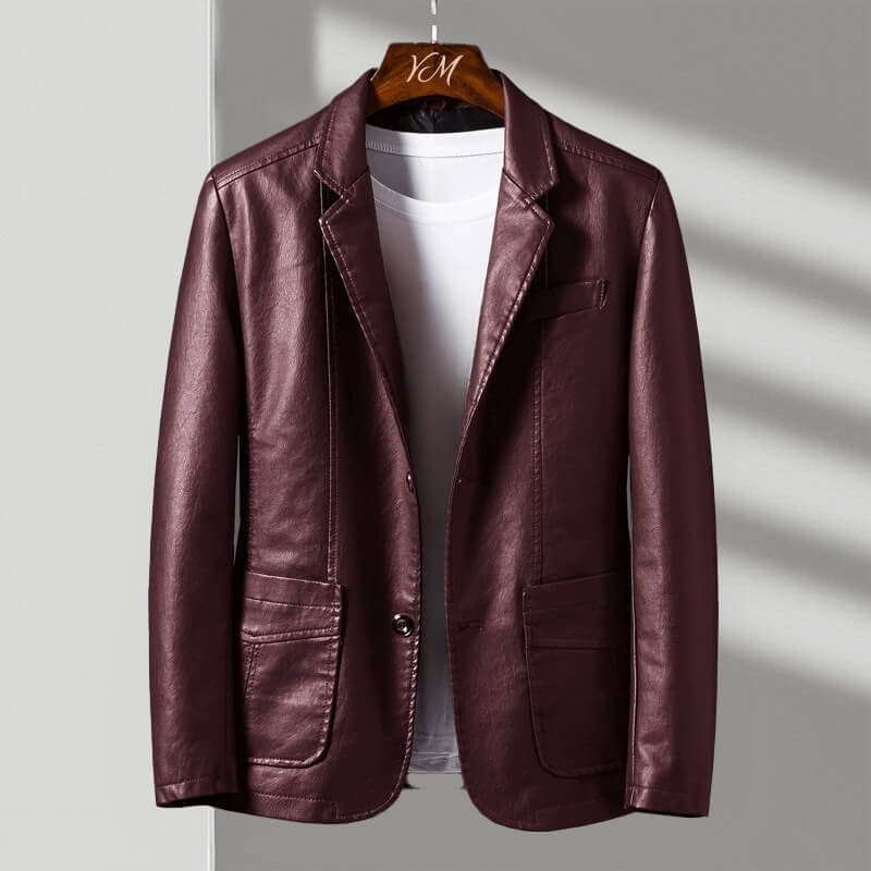 Women's Tailored Blazer with Notch Lapels and Three-Button Cuffs, Faux Leather