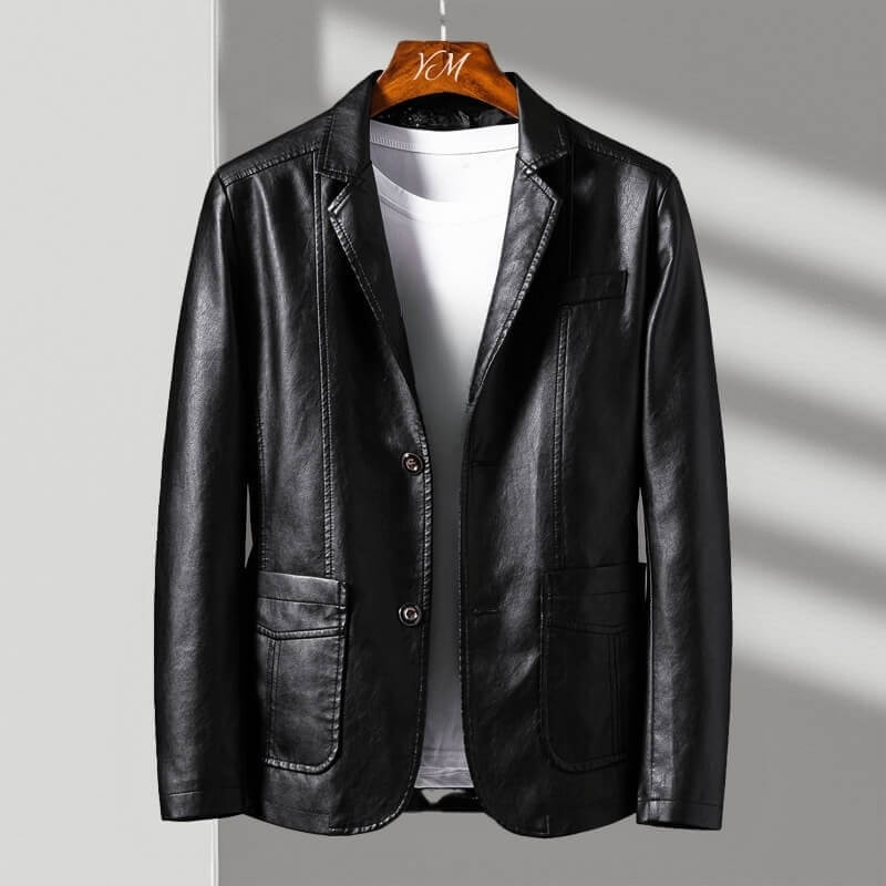 Women's Tailored Blazer with Notch Lapels and Three-Button Cuffs, Faux Leather