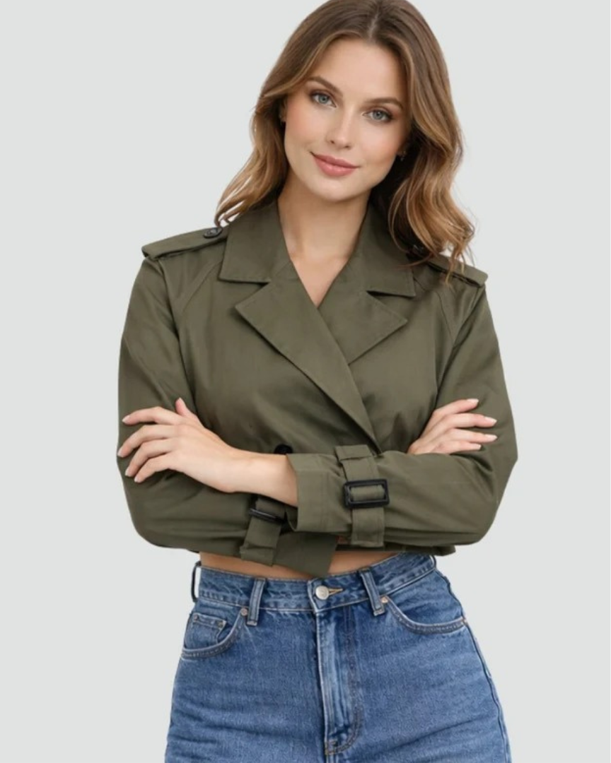 Women's Short Trench Coat with Double Breasted Front and Adjustable Belt