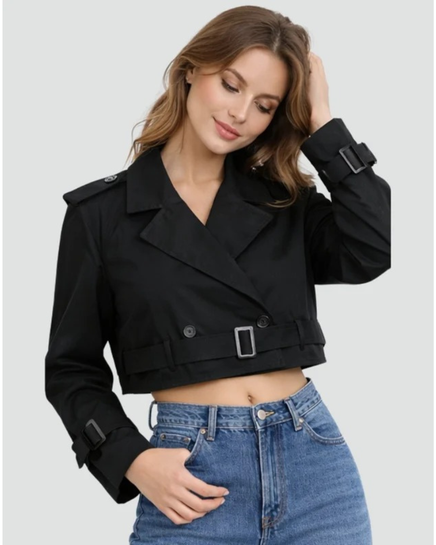 Women's Short Trench Coat with Double Breasted Front and Adjustable Belt