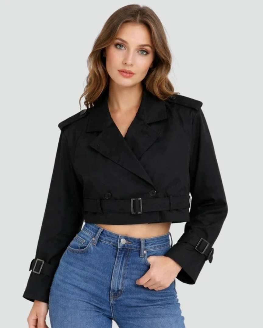 Women's Short Trench Coat with Double Breasted Front and Adjustable Belt