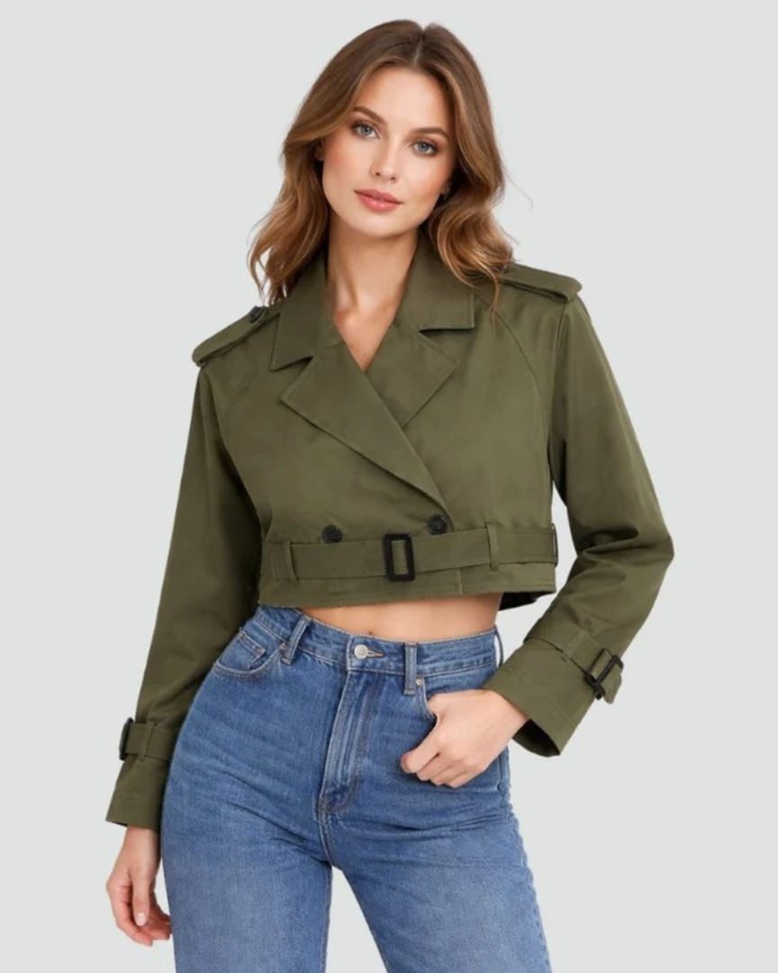 Women's Short Trench Coat with Double Breasted Front and Adjustable Belt