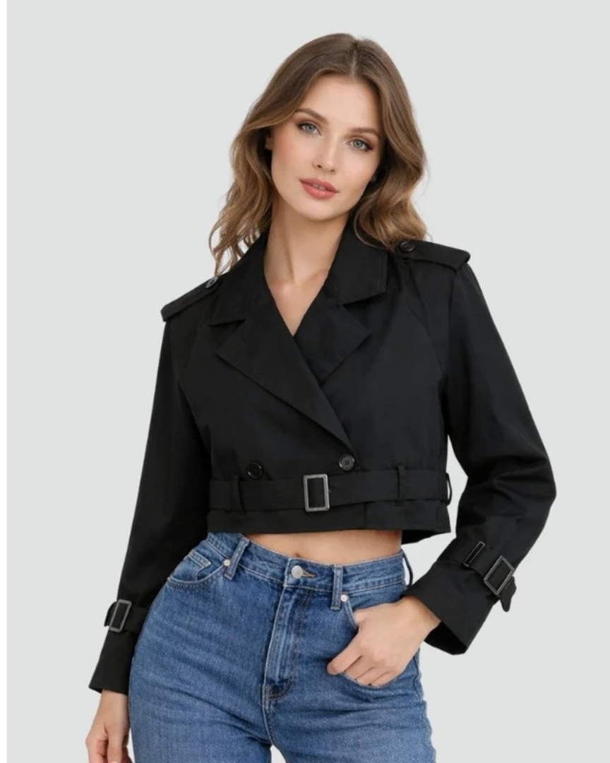 Women's Short Trench Coat with Double Breasted Front and Adjustable Belt