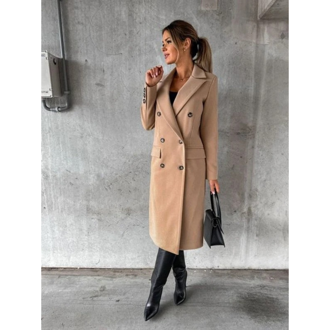 Women's Long Trench Coat with Double Breasted Closure and Tailored Fit