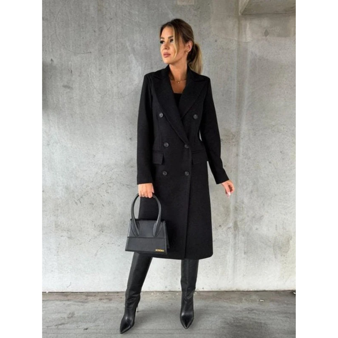 Women's Long Trench Coat with Double Breasted Closure and Tailored Fit
