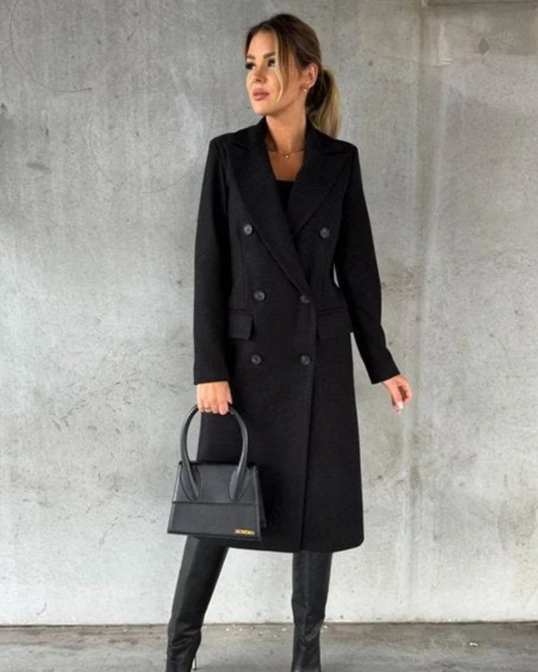 Women's Long Trench Coat with Double Breasted Closure and Tailored Fit