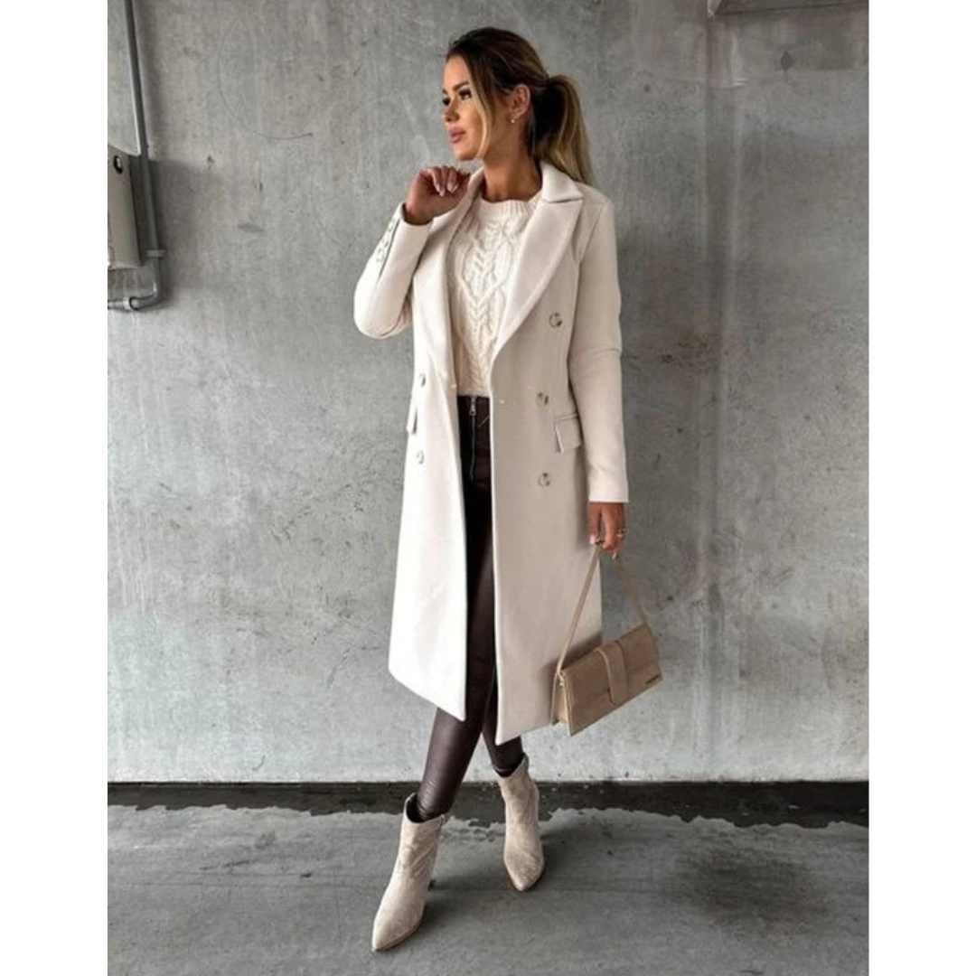 Women's Long Trench Coat with Double Breasted Closure and Tailored Fit