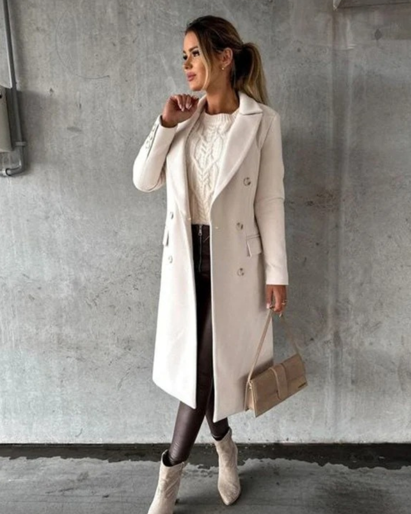 Women's Long Trench Coat with Double Breasted Closure and Tailored Fit
