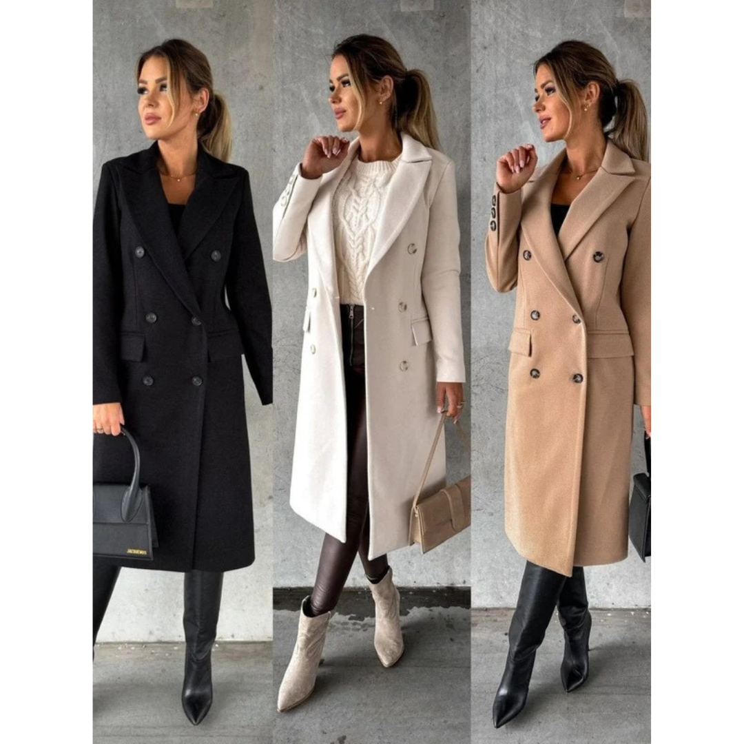 Women's Long Trench Coat with Double Breasted Closure and Tailored Fit