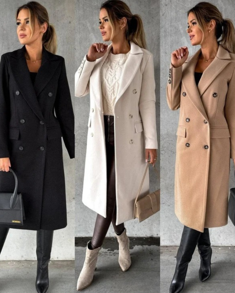 Women's Long Trench Coat with Double Breasted Closure and Tailored Fit