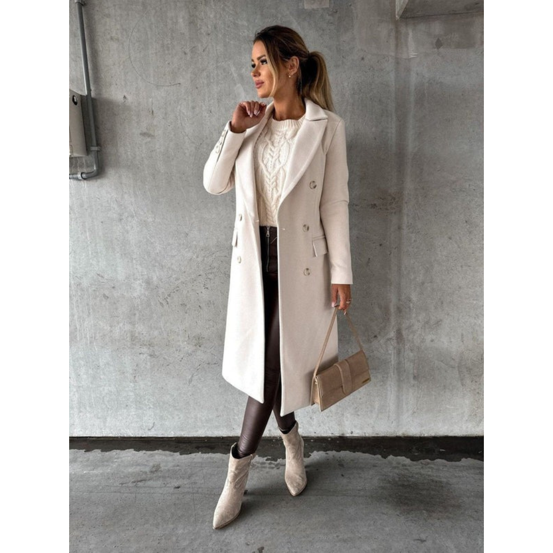 Women's Long Trench Coat with Double Breasted Closure and Tailored Fit
