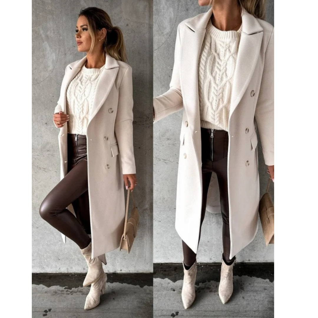 Women's Long Trench Coat with Double Breasted Closure and Tailored Fit