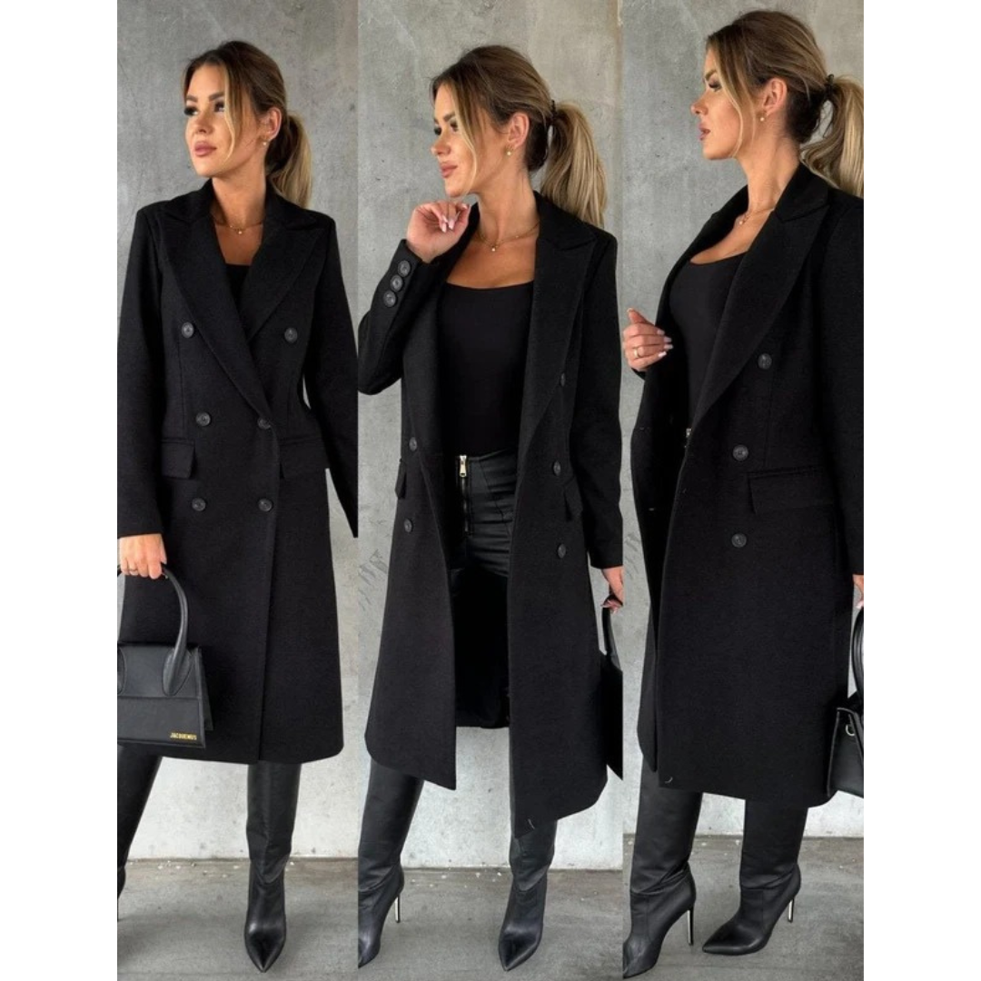 Women's Long Trench Coat with Double Breasted Closure and Tailored Fit