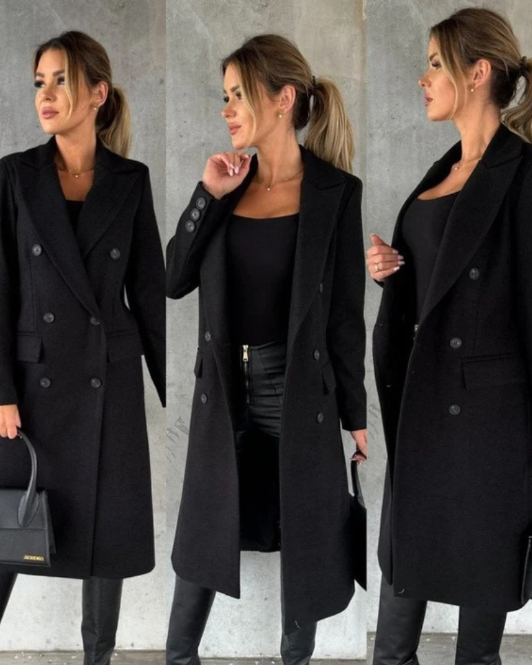 Women's Long Trench Coat with Double Breasted Closure and Tailored Fit
