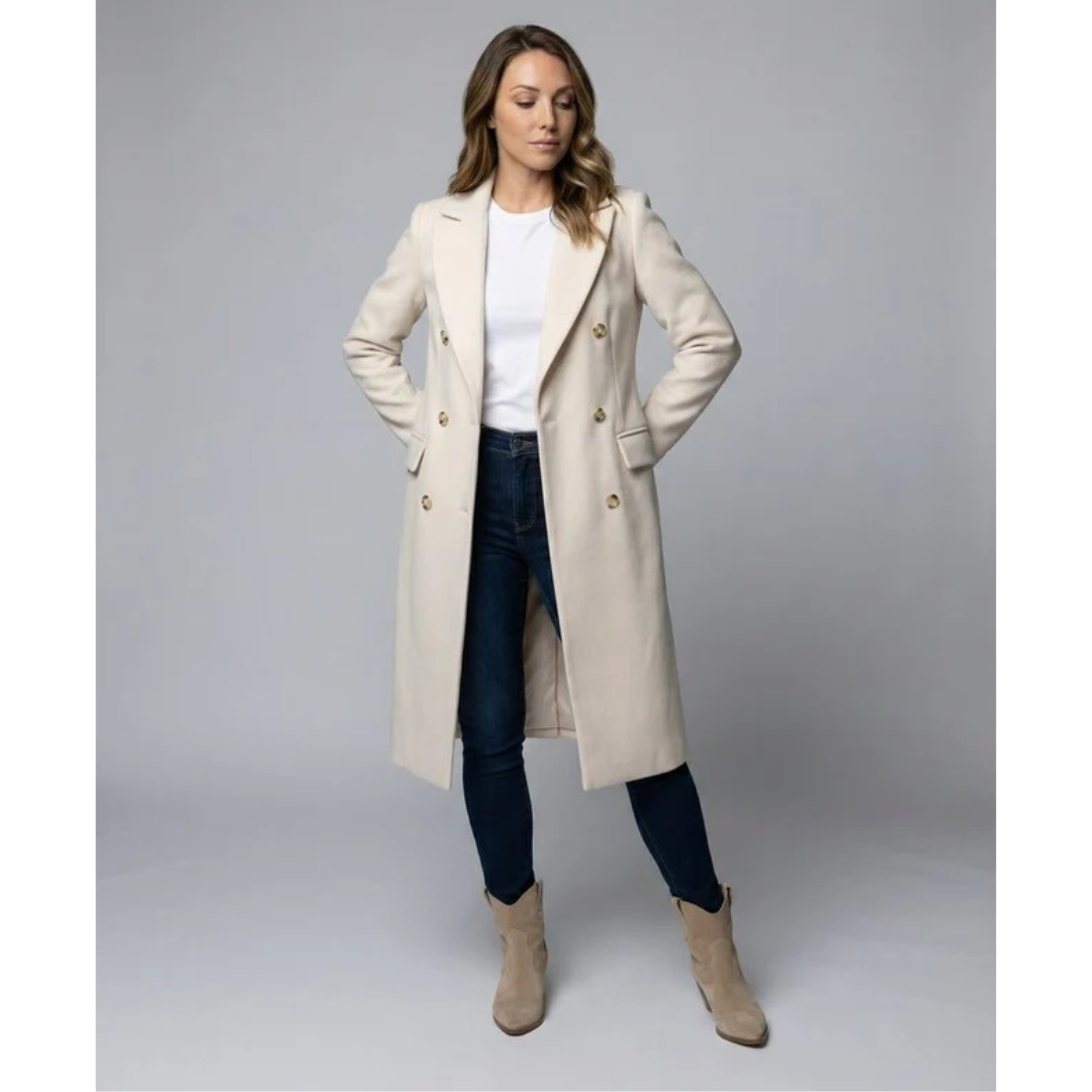 Women's Long Trench Coat with Double Breasted Closure and Tailored Fit