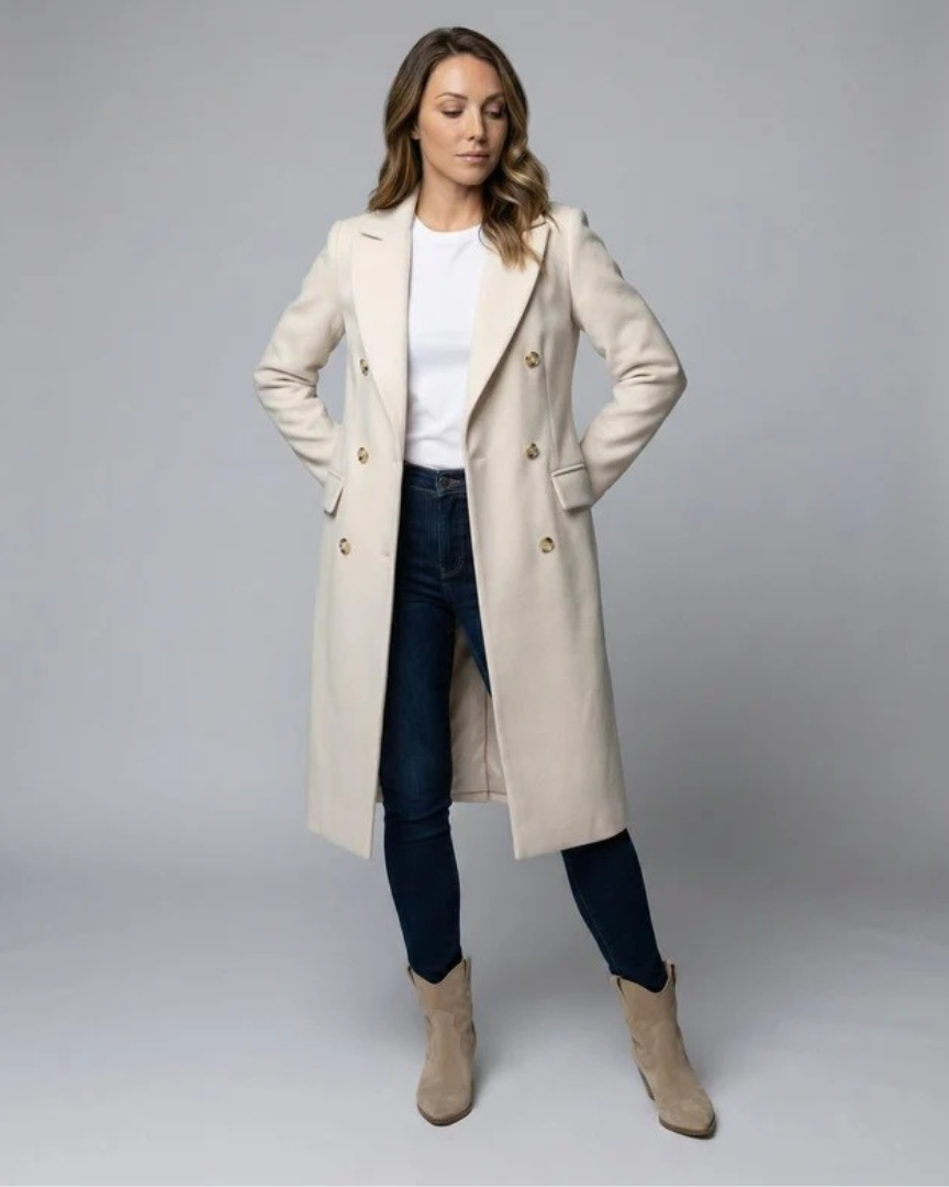 Women's Long Trench Coat with Double Breasted Closure and Tailored Fit