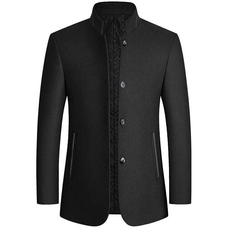 Men's Overcoat with Insulated Lining and Stand Collar, Mid-Thigh Length