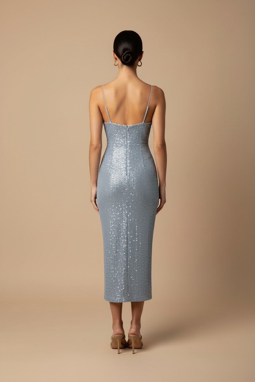 Women's Light Blue Sequin Bodycon Maxi Dress - Scoop Neck Spaghetti Strap