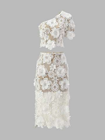 Embroidered Lace Crop Top and Midi Skirt Set for Weddings