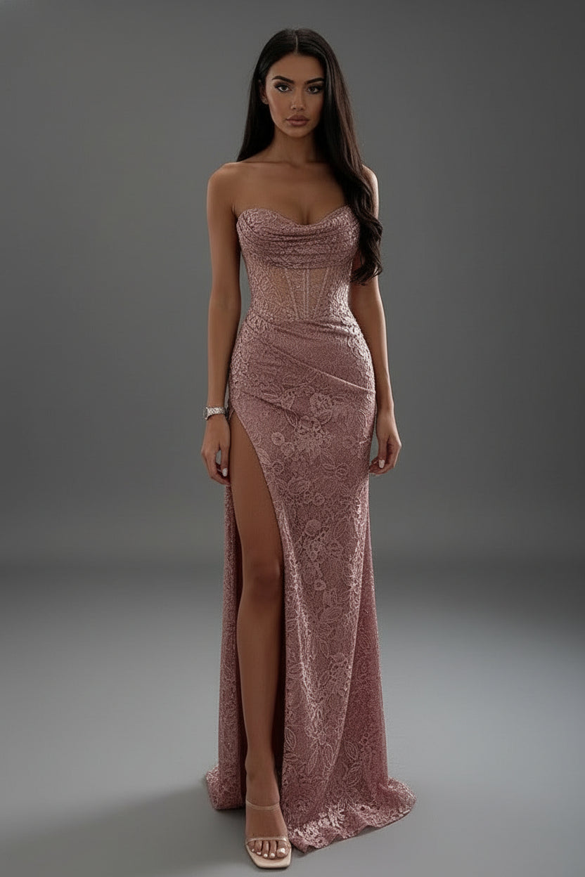 Women’s Corset Maxi Dress with Spaghetti Straps and High Slit