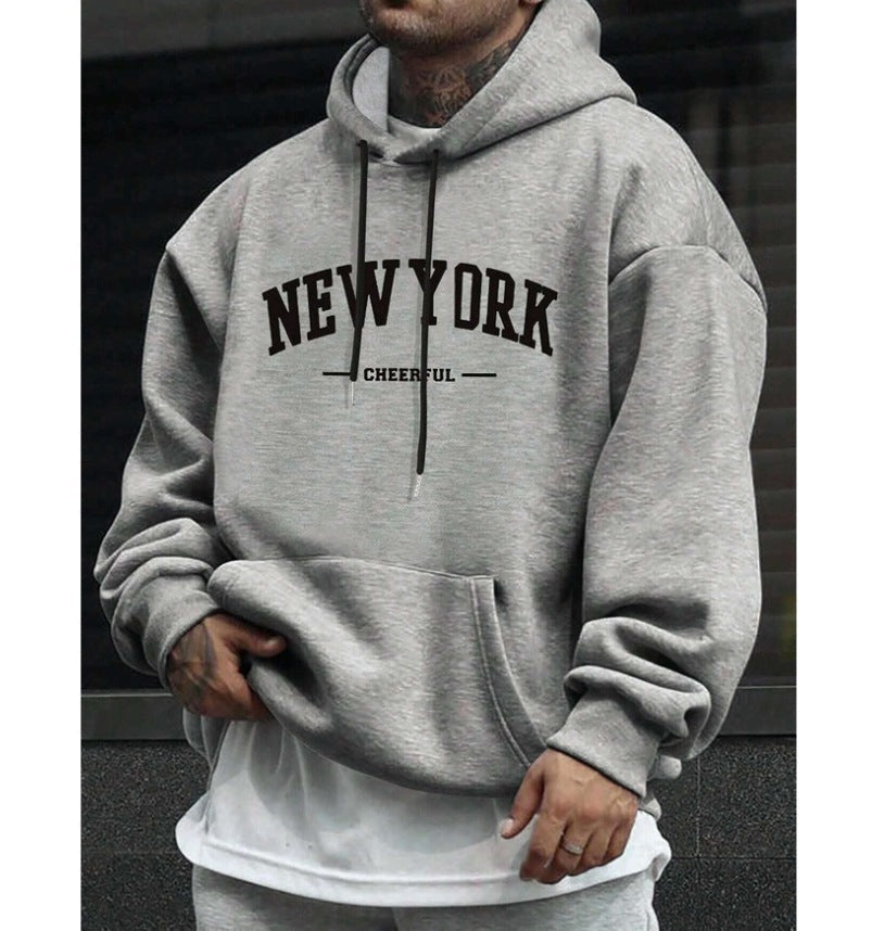 Mens Oversized Pullover Hoodie with Dropped Shoulders and Collegiate Chest Print