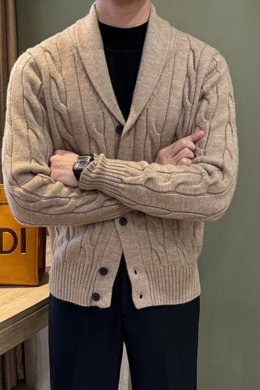Button Front Cable Knit Cardigan with Ribbed Trim and Pill Resistant Polyester