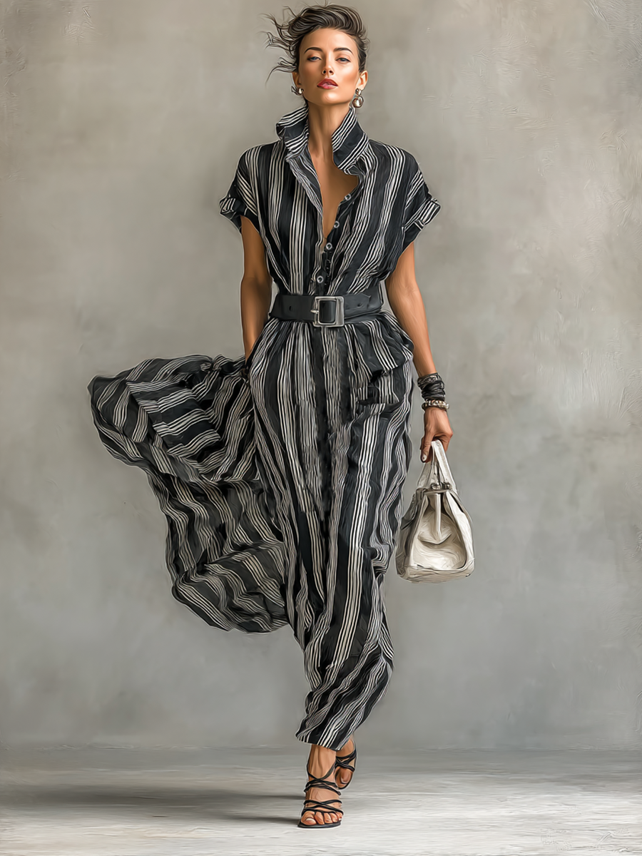 Women's Chiffon Striped Maxi Dress Shirt Style