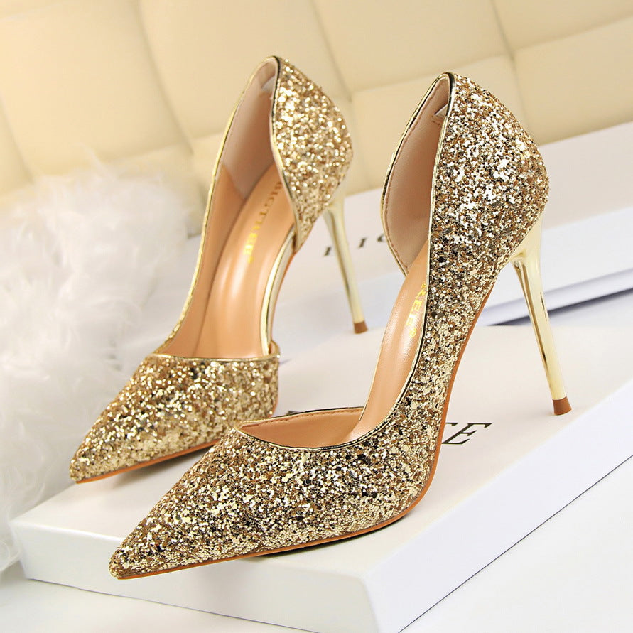 Women's Glitter Stiletto Heels - Pointed Toe - D'Orsay Cut - Slip On