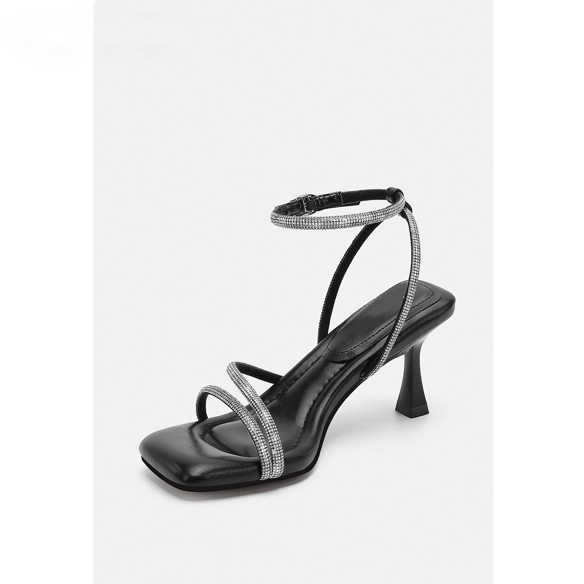 Women's Square Toe Rhinestone Strap Ankle Strap Heeled Sandals
